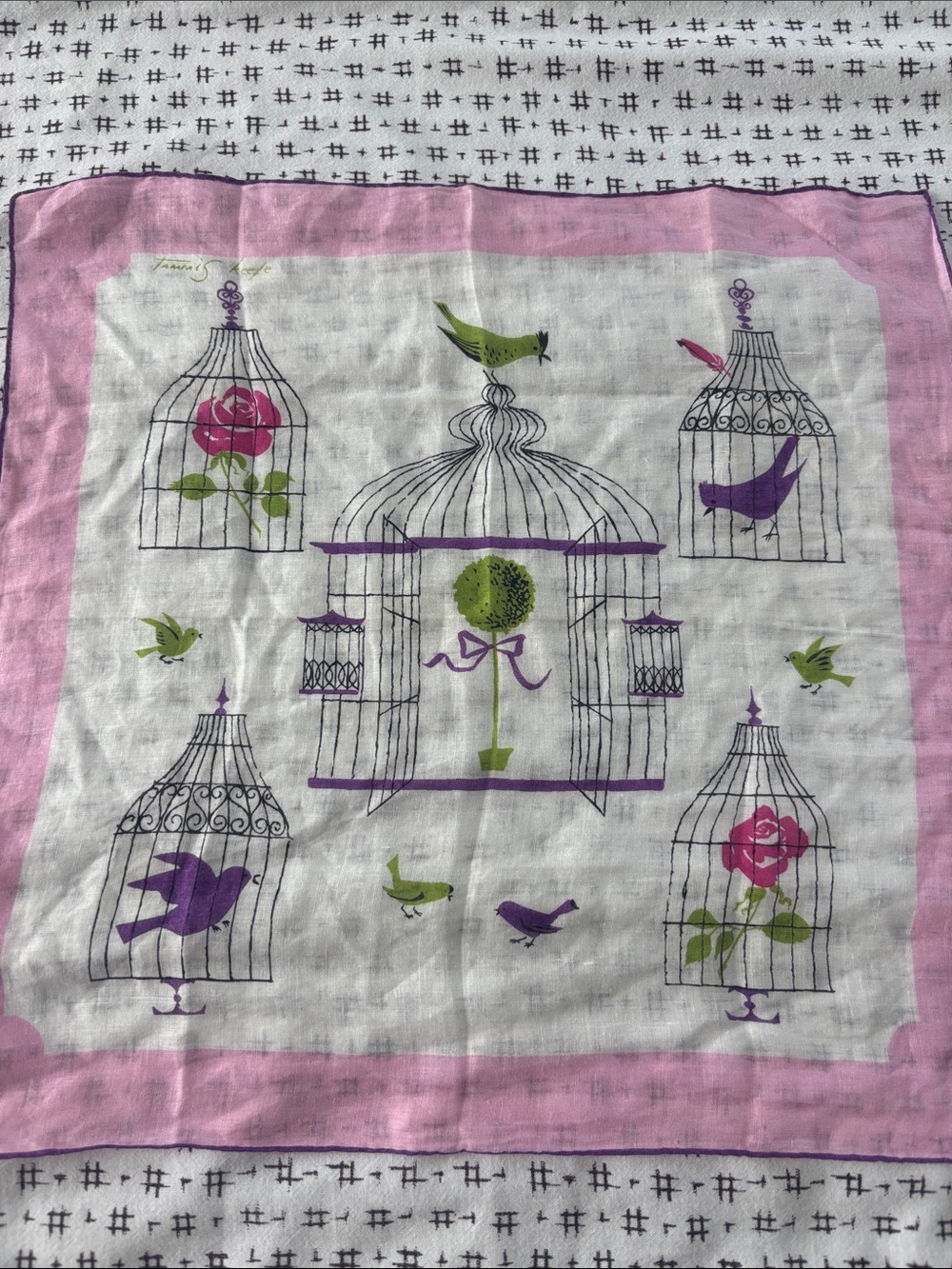 Vintage Tammis Keefe handkerchief, pink/white/purple, birds in cages, 14x14”